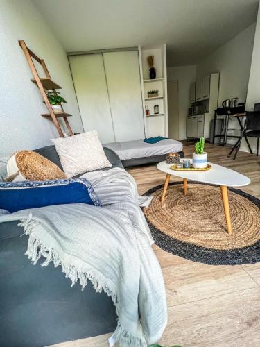 een woonkamer met een bed en een tafel bij RANGUEIL - Studio confortable proche hôpital et université in Toulouse