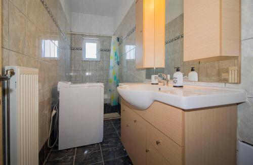 a bathroom with a white sink and a small refrigerator at Valtaki Holiday Home in Selinitsa