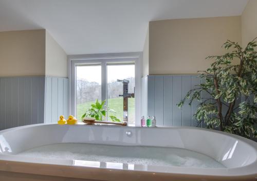 a large white tub in a bathroom with a window at Ty Isa in Llanfair Talhaiarn