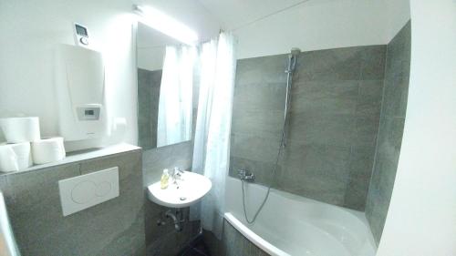 ein Bad mit einer Dusche, einem Waschbecken und einem WC in der Unterkunft Fewo Strandnixe  in Burgtiefe auf Fehmarn 