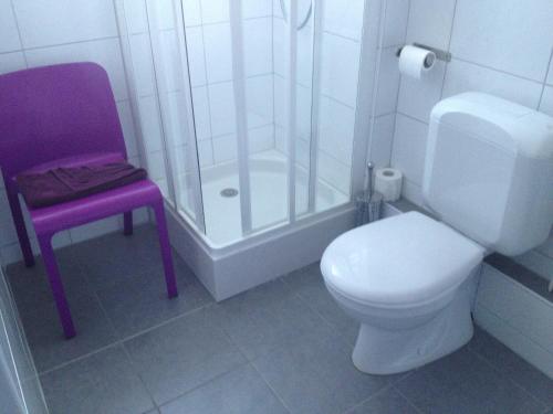 a bathroom with a toilet and a purple chair at Hôtel Restaurant Wolf in Markstein 