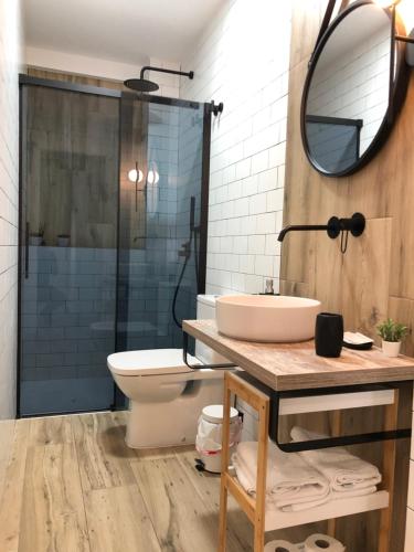 uma casa de banho com um lavatório, um WC e um espelho. em Vivienda Turística Jaén Interior PARKING GRATUITO em Andújar