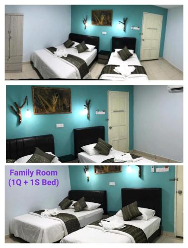 two pictures of a bedroom with two beds at Langkawi Country Lodge2 in Pantai Cenang