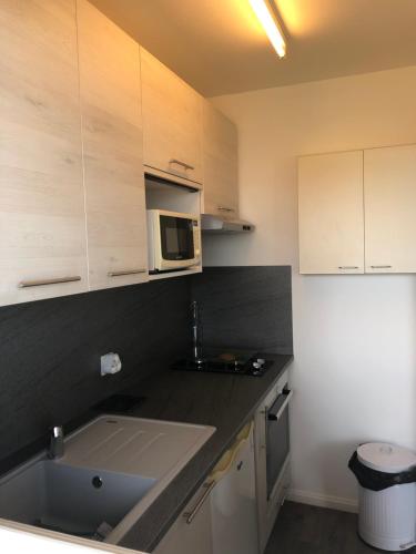 kuchnia ze zlewem i kuchenką mikrofalową w obiekcie Prise de vue à 2 pas de la plage w mieście Villers-sur-Mer