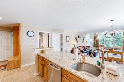a kitchen with a sink and a living room at Winterplace Q206 in Ludlow