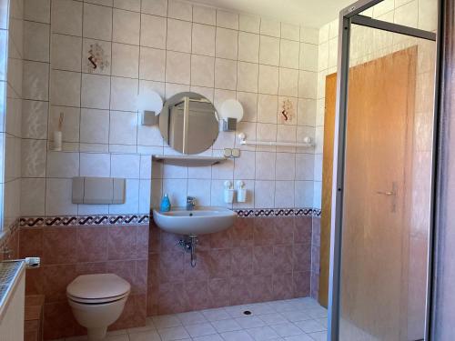 y baño con lavabo, aseo y espejo. en Ferienwohnung Am Weißfrauenbach, en Erfurt