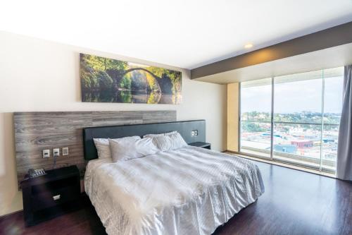 1 dormitorio con cama grande y ventana grande en Elite 47 Interlomas, en Ciudad de México