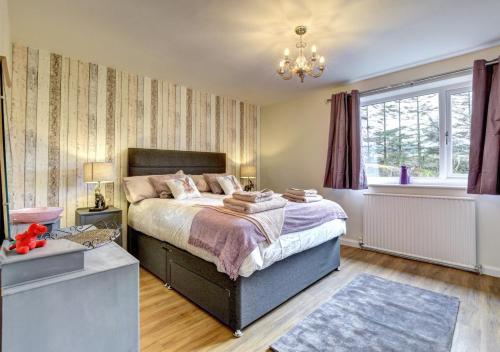 a bedroom with a large bed and a window at Glan Donau in Llanuwchllyn