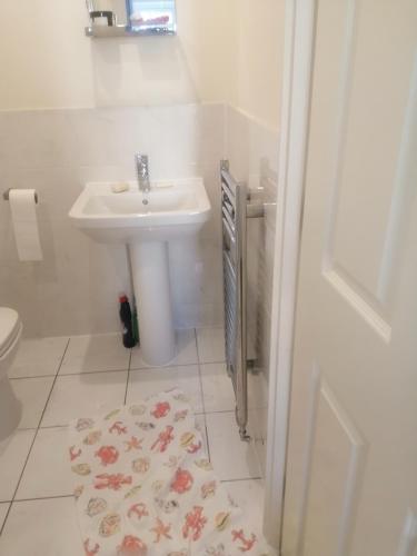 a bathroom with a sink and a toilet and a rug at Maidstone Homestay in Boxley