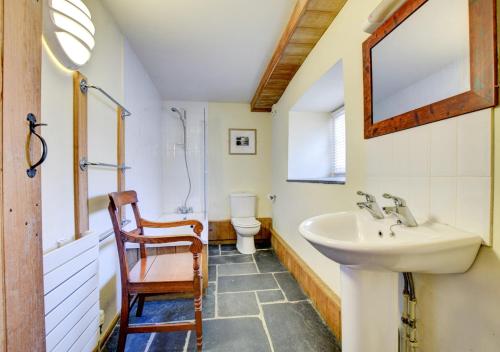 a bathroom with a sink and a toilet and a chair at Ysgubor Newydd in Machynlleth