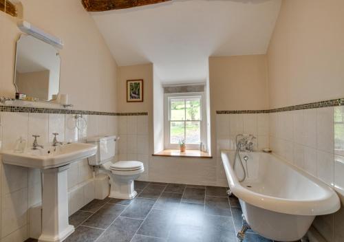 een badkamer met een wastafel, een bad en een toilet bij Gellilwyd Fach in Dolgellau