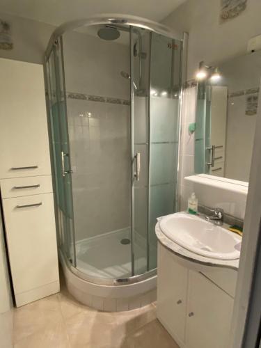 une salle de bain avec douche et lavabo dans l'établissement studio cabine 100m plage, au Grau-du-Roi