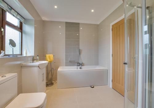 a bathroom with a tub and a toilet and a sink at Bwthyn Bryn yr Aber in Bala