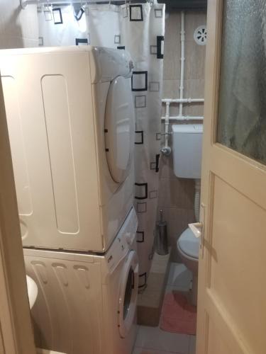 La salle de bains est pourvue d'un lave-linge et d'un sèche-linge. dans l'établissement Prenociste Lux, à Kragujevac