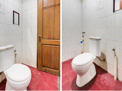 two pictures of a bathroom with a toilet and a door at SPOT ON 91781 Solo Baru Homestay Syariah in Jodoh