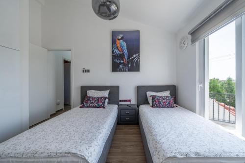 two twin beds in a room with a window at Dene Hollow Oroklini in Voroklini
