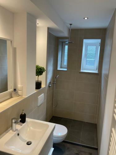 uma casa de banho com um lavatório e um WC em WH Immobilien Design City Appartement Rainshower em Hanôver