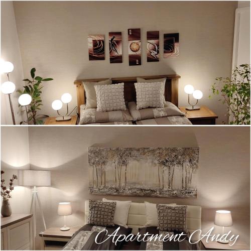 two pictures of a bedroom with a bed at Apartment Andy in Medvode
