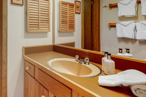 a bathroom with a sink and a mirror at The Director's Cabin in Teton Village