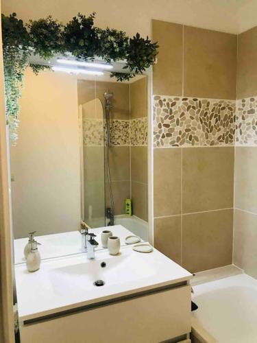 une salle de bain avec un lavabo blanc et une douche dans l'établissement Appartement familial, 2 ch., balcon + parking, à Trouville-sur-Mer