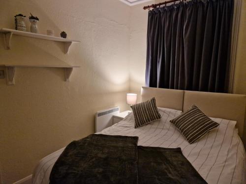 a bedroom with a bed with two pillows and a window at Lovely One Bed Apartment in Guildford in Guildford