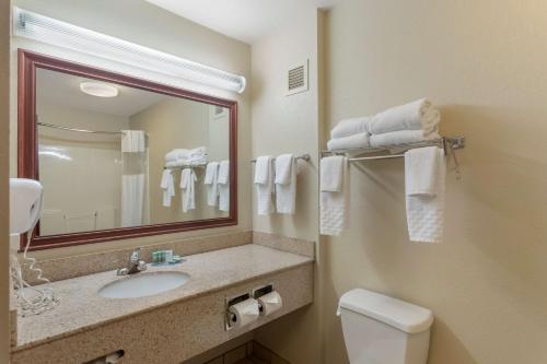 La salle de bains est pourvue d'un lavabo, d'un miroir et de toilettes. dans l'établissement Best Western Lawrenceburg Inn, à Lawrenceburg