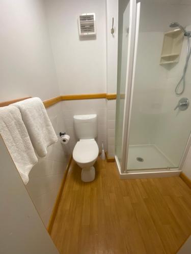 a bathroom with a toilet and a glass shower at Lakefront Lodge Taupo in Taupo