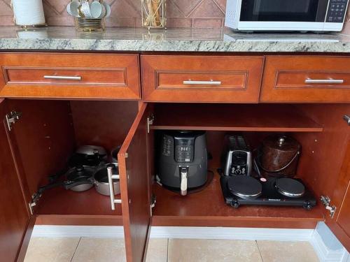 a cupboard with a microwave and a coffee maker at The Citrus Guesthouse in Tampa in Tampa