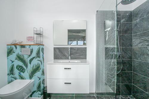 a bathroom with a sink and a toilet and a shower at VILLA 55°AOC in Grande Anse