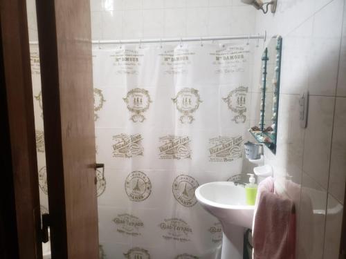聖拉斐爾的住宿－Boulevard Soho San Rafael，浴室配有带水槽的浴帘