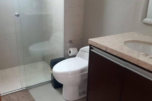 a bathroom with a white toilet and a sink at Elegante departamento en Urbarí - Cond. Aruma in Santa Cruz de la Sierra