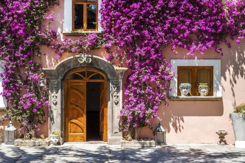 un bâtiment rose avec des fleurs violettes sur lui dans l'établissement Capo Santa Fortunata, à Sorrente