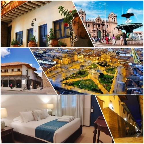 a collage of pictures of a city and a hotel at Katari at Plaza de Armas Cusco in Cusco