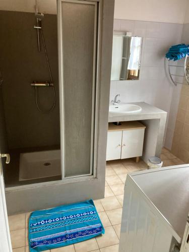 a bathroom with a shower and a sink at Maison de campagne de plein pied. in Plougonven