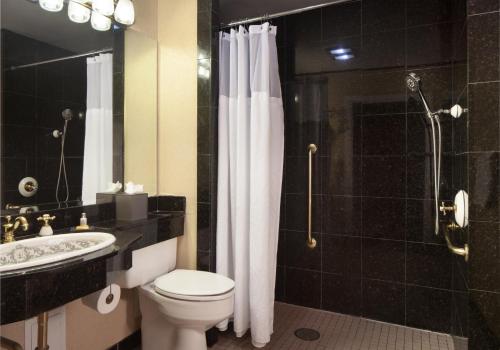 a bathroom with a shower, toilet and sink at Le Pavillon New Orleans in New Orleans