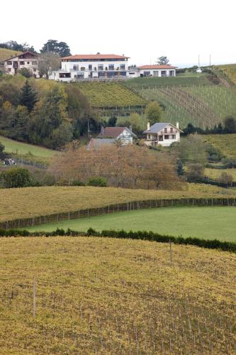 a field with a fence and houses in the background at Hotel San Prudentzio in Getaria