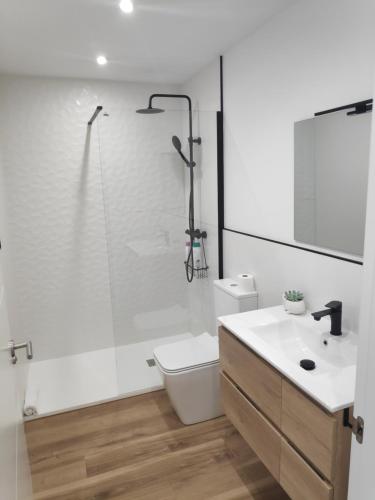 uma casa de banho com um chuveiro, um WC e um lavatório. em Apartamentos CANDEA em Lugo