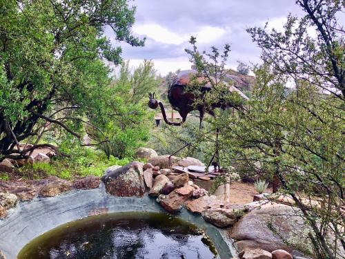 a statue of a buffalo standing next to a pond at Prickly Pear Unique Studio with bathroom built into the Granite boulders, Amazing Views, Front & back porches, Firepit,Dog friendly in Prescott