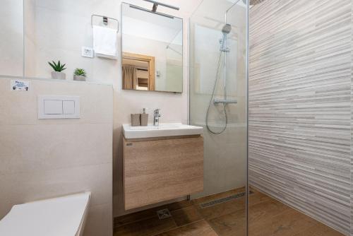 ein Bad mit einem Waschbecken und einer Dusche in der Unterkunft Villa Roza in Lovinac