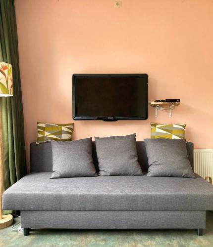 a couch with a flat screen tv on a wall at B&B Berglust Rotterdam met serre en gratis parkeren in Rotterdam