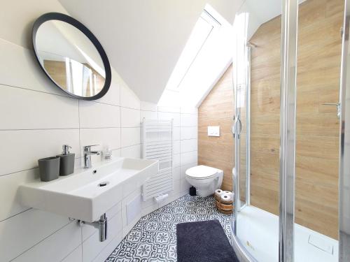 a bathroom with a sink and a toilet and a mirror at Apartmány U Muzea in Horní Blatná