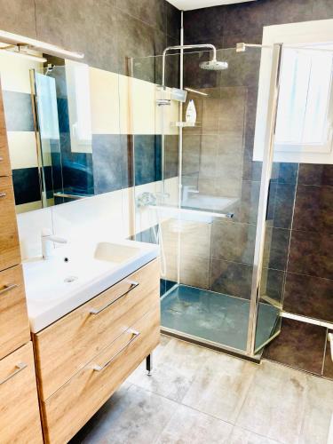 une salle de bain avec douche et lavabo dans l'établissement VILLA GIULIA 4-star 5min CDG Airport - 20min Disney, à Gressy