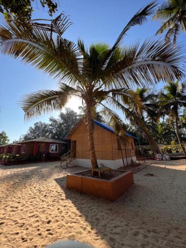 a palm tree on a sandy beach with a house at Atlantis Beach Resorts in Kumta