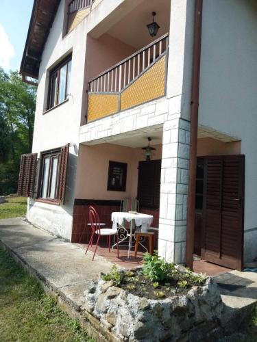 a house with a table and chairs in front of it at Vila Borova Tara in Kremna