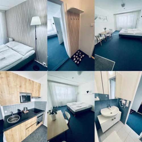 een collage van vier foto's van een hotelkamer bij Apartmány Bryksova in Praag