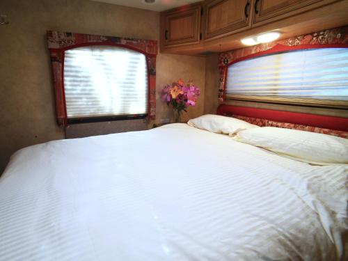 a large white bed in a room with a window at Luxury American RV with Hot Tub in West Chiltington