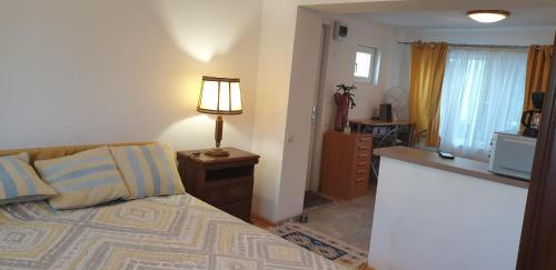 a bedroom with a bed and a lamp on a table at Cozy Home in the Heart of Cluj-Napoca in Cluj-Napoca