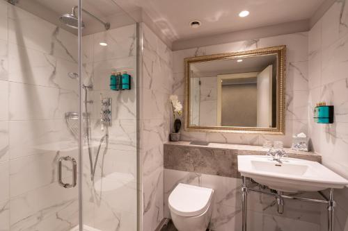 a bathroom with a shower and a sink and a toilet at The Trinity City Hotel in Dublin