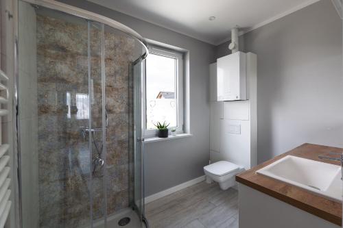 a bathroom with a shower with a toilet and a sink at Apartamenty-Kudowa z pięknym widokiem i balkonem in Kudowa-Zdrój