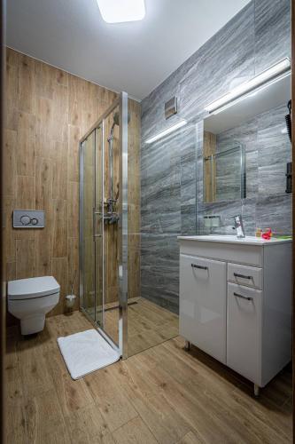 a bathroom with a shower and a toilet and a sink at Rezydencja Markowy Dworek in Białka Tatrzanska
